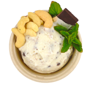 Scoop of mint chip ice cream in bowl with ingredients.